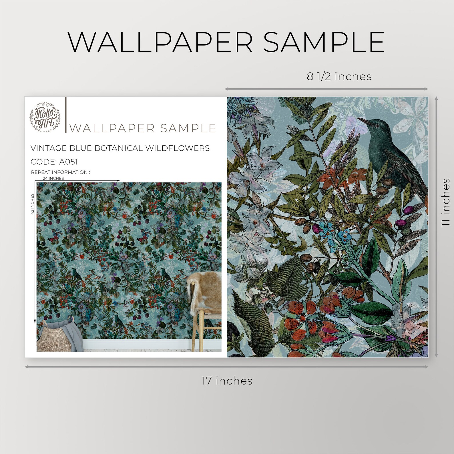 Wallpaper Vintage Blue Botanical Wildflowers Floral Removable Self ...