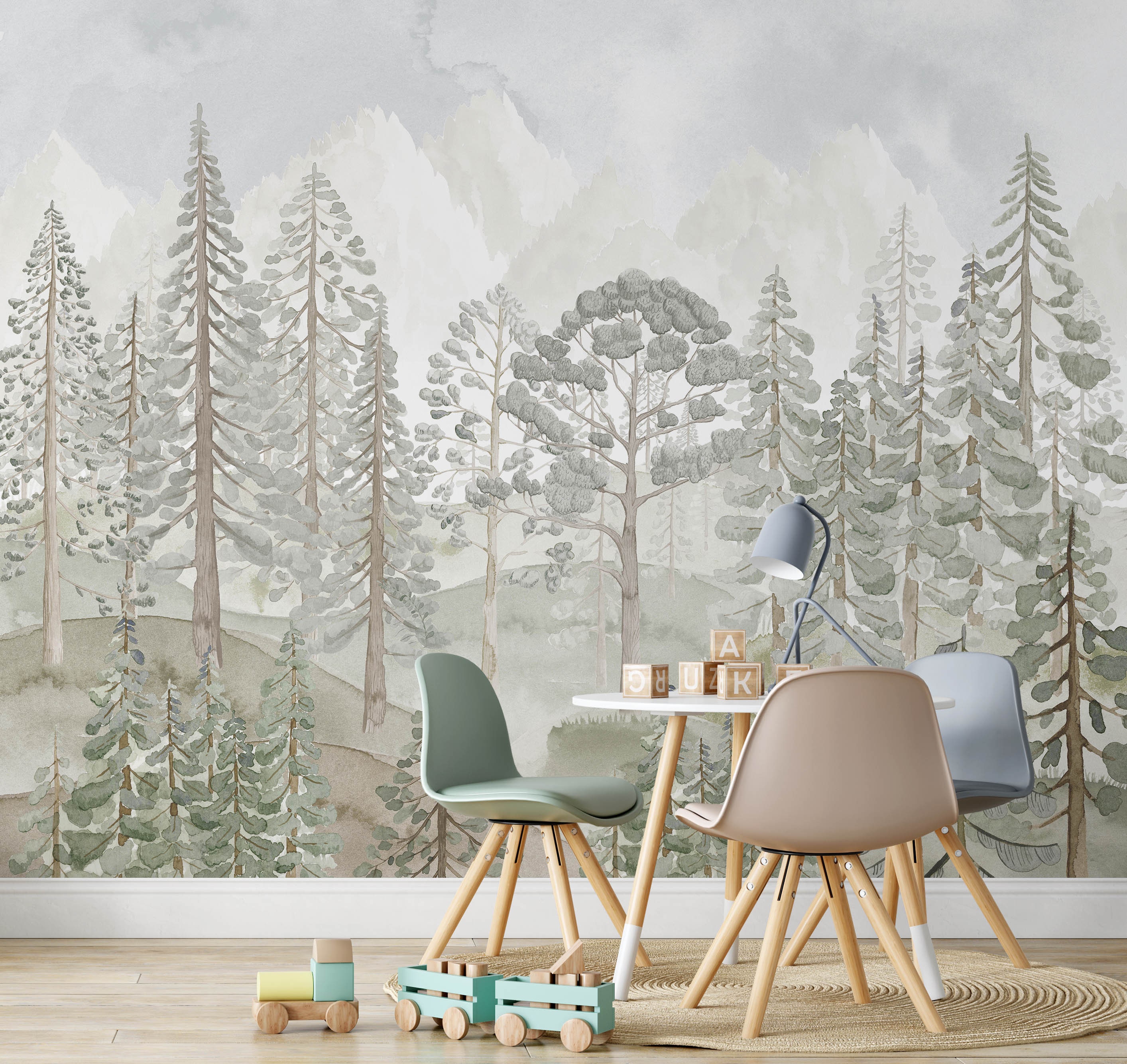 Watercolor Pine Tree Forest Wallpaper Mural - Nursery Decor - Etsy