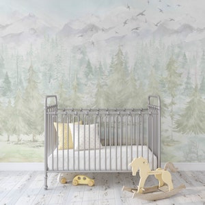 Winter Light Watercolor Forest Classic Landscape Mural KM314 - Watercolors Woodland Scenic Wallpaper Peel and Stick Removable