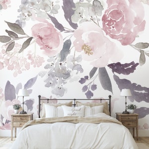 Delicate Forest Floral Large Scale Mural Wallpaper Watercolor Botanical Peel and Stick Removable or Traditional KM022