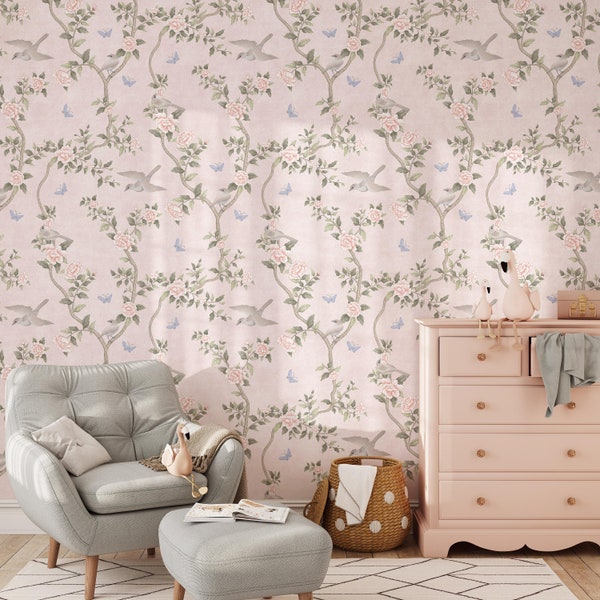 Le Tariche Chinoiserie in Neutral and Pink Wallpaper Mural,Flowers, Birds, Butterflies Chinoiserie Wallpaper Peel and Stick Removable KM310