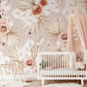Watercolor Tropical Floral Mural: Boho Baby Room Wallpaper Bild 1