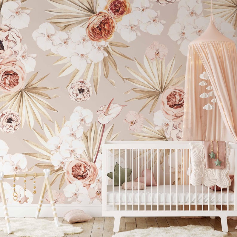 Watercolor Tropical Floral Mural: Boho Baby Room Wallpaper Bild 1