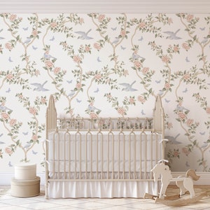 Le Tariche Chinoiserie in Pastels and White Wallpaper,Flowers, Birds, Butterflies Chinoiserie Wallpaper Peel and Stick Removable KM304
