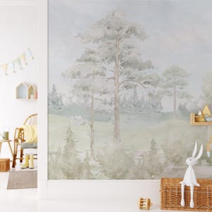 Mural de bosque con acuarela pastel: papel tapiz autoadhesivo con paisaje boscoso