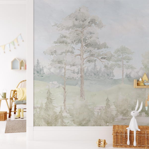 Pastel Watercolor Forest Mural: Woodland Landscape Peel and Stick Wallpaper