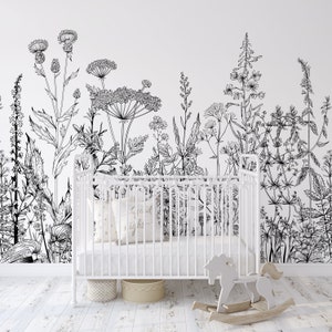 Nature's Garden Mural KM059 - Self Adhesive Floral Mural WatercolorBlack and White in Traditional Pre-pasted or Peel and Stick Wallpaper