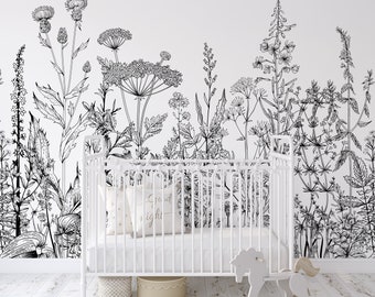 Nature's Garden Mural KM059 - Self Adhesive Floral Mural WatercolorBlack and White in Traditional Pre-pasted or Peel and Stick Wallpaper