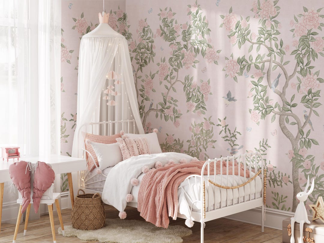 Chinoiserie Bloom Mural in Light Pink- Romantic Floral and Bird Design ...