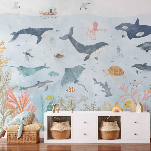 Ocean Mural: Underwater Nursery Wallpaper, Peel and Stick