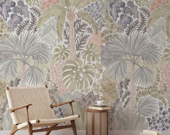 May include: A light-colored wooden chair with a woven seat and backrest sits beside a cylindrical rattan side table. The background features wallpaper with a repeating pattern of palm trees, ferns, and tropical leaves in muted green, gray, and pink.