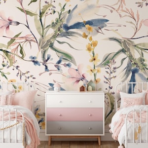 Iris Harmony Garden Floral Mural KM201 Peel and Stick Removable Wallpaper Wind Floral Nursery Theme for Girls