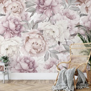 Muted Watercolor Peony Bouquet Wallpaper Mural: Nursery Floral Wall Decor
