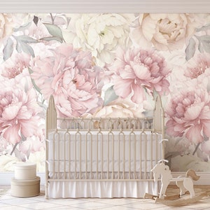Blush Watercolor Peony Mural - Girly Nursery Wallpaper (Removable Peel and Stick)
