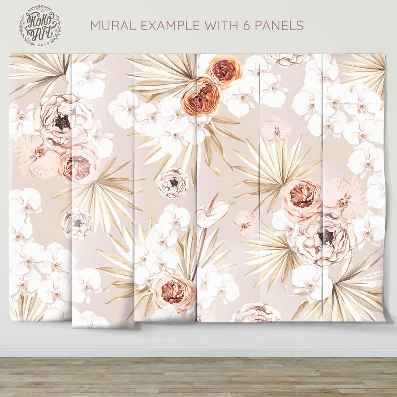 Watercolor Tropical Floral Mural: Boho Baby Room Wallpaper Bild 2