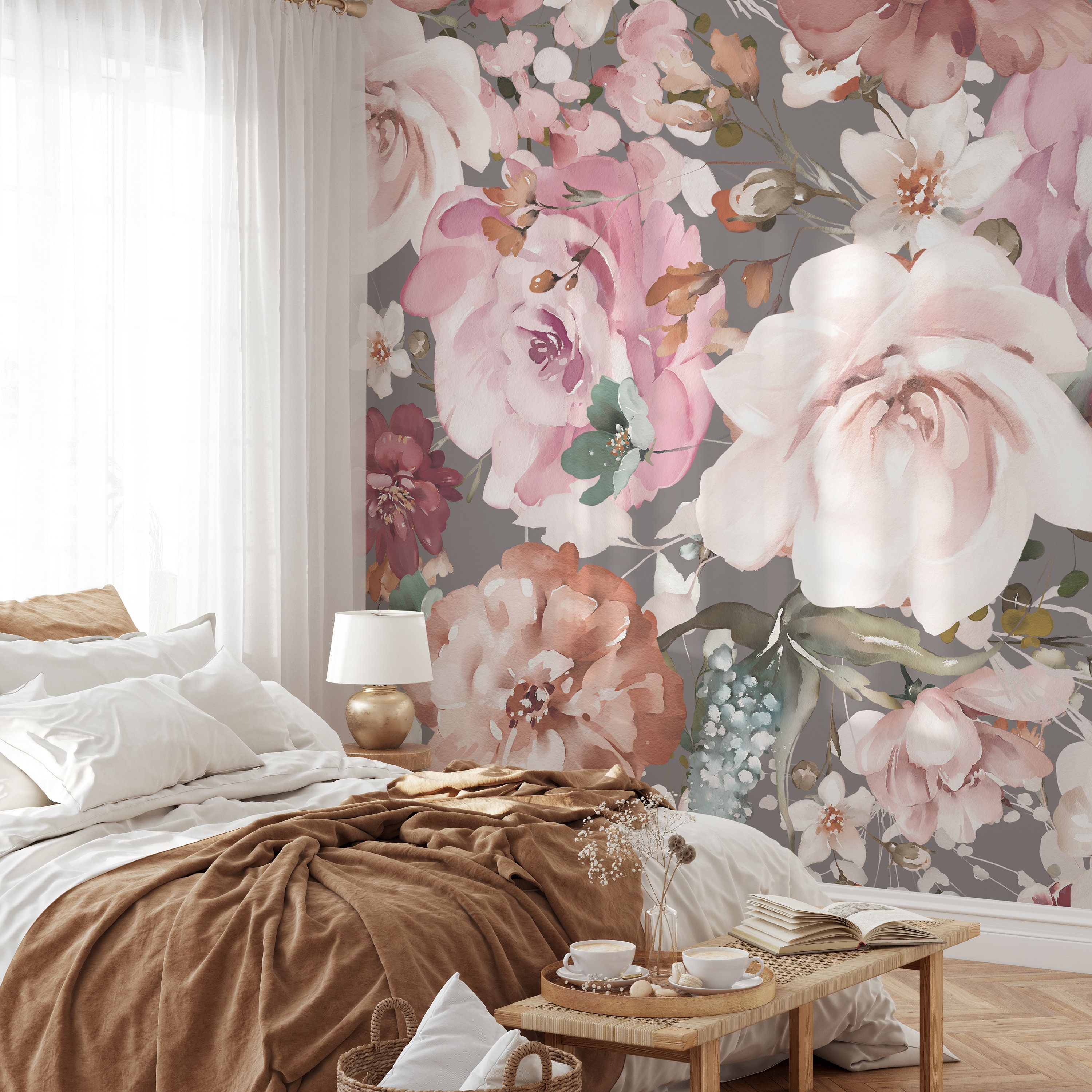 Pink Peony Floral Wallpaper Mural: Gray Self Adhesive or Pre-pasted - Etsy