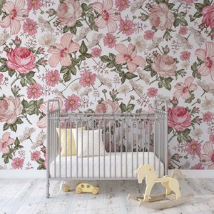 Vintage Floral in Pink Mural KM228 - Large Scale Wallpaper Floral Peel and Stick Removable Repositionable or Traditional Pre-pasted