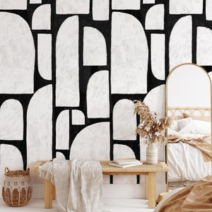 Abstract Geometric Oil Paint Semi Arch Shapes Mural in Black and White M076 Removable Peel and Stick or Traditional Pre-pasted Wallpaper