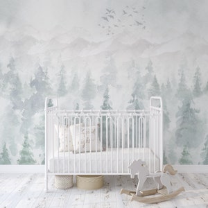 Cold Woodland Forest Mural KM182- Large Scale Nursery Watercolors Woodland Scenic Wallpaper Peel and Stick Removable Repositionable