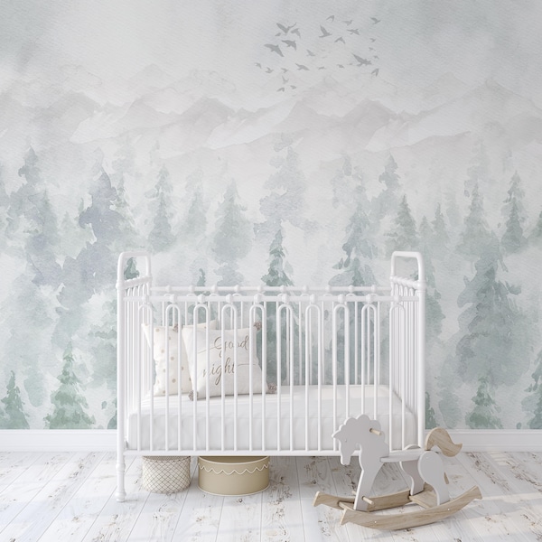 Watercolor Forest Mural: Woodland Nursery Wallpaper, Peel and Stick