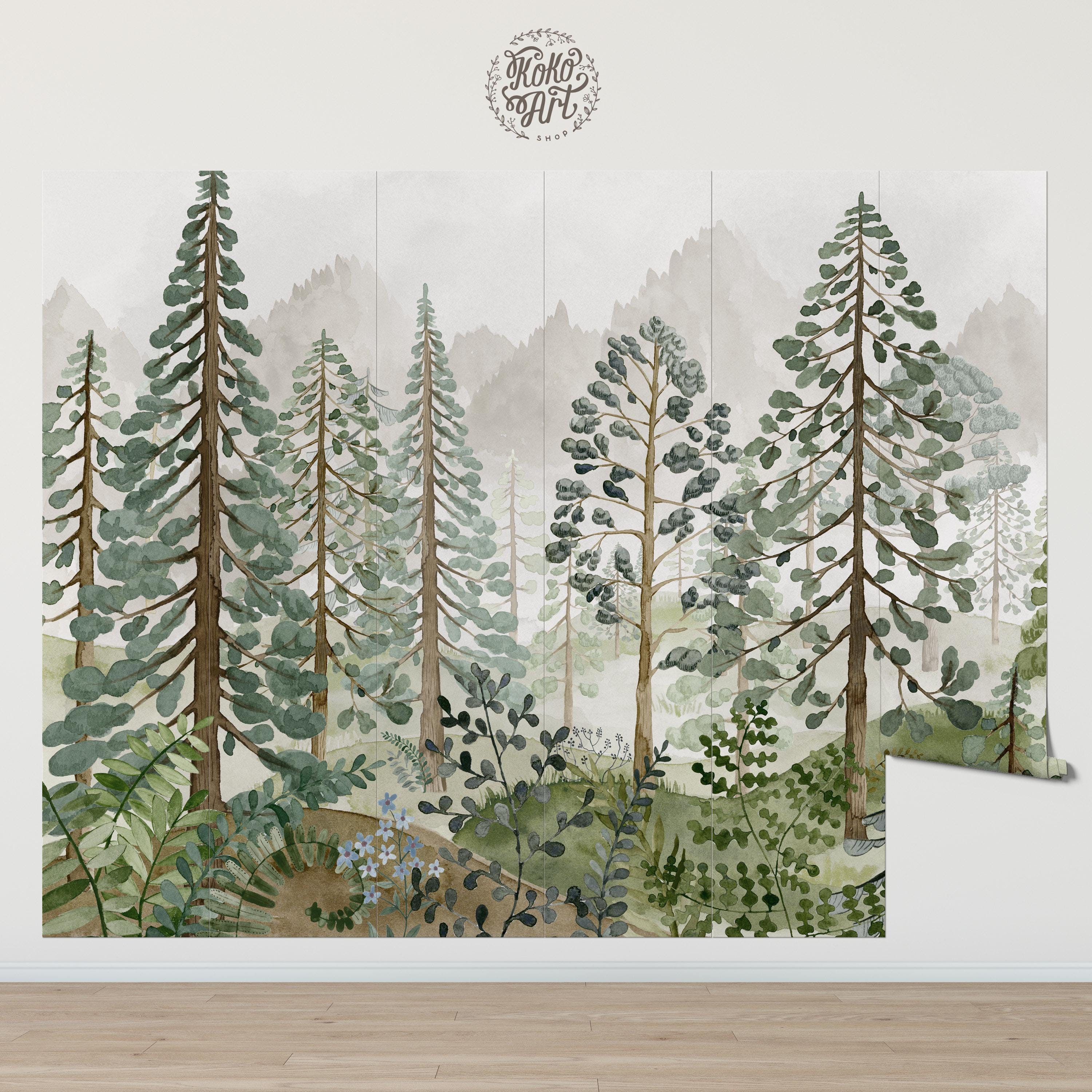 Watercolor Pine Tree Forest Mural: Calming Nursery Wallpaper - Etsy