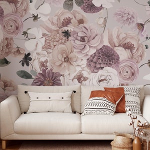 Dreaming Mauve Mural - Peel and Stick Removable Wallpaper Romantic Peony and Roses Floral Watercolor Boho - KM089