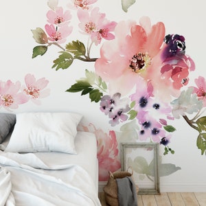 Mary's Mural - KM008 Girl Nursery Classic Light Watercolor Floral Peony Self Adhesive Removable Wallpaper Peel and Stick Wallpaper KM008