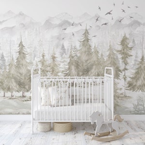 Watercolor Forest Wallpaper Mural: Winter Foggy Landscape, Peel and Stick
