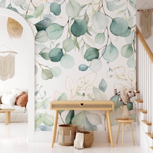 Kristy - Eucalyptus Watercolor Leaves Peel and Stick Removable Wallpaper KM238 Tropical Light Toned Peel and Stick