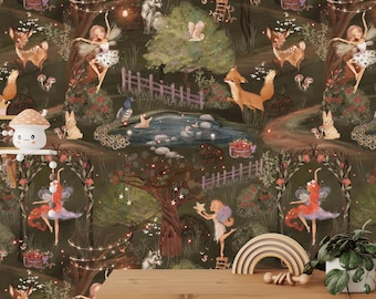 Whimsical Fairies Wallpaper Mural: Woodland Nursery Scene (Peel and Stick or Removable)