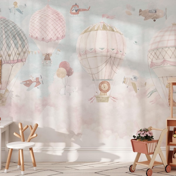 Safari Hot Air Balloon Mural, Pink Watercolor Sky Animals, Peel and Stick Wallpaper (KM551)