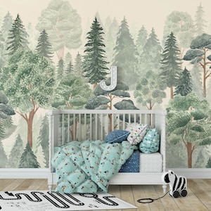 Forest Nature Mural KM223 Large Scale Boy Nursery Watercolors Woodland Scenic Wallpaper Peel and Stick Removable Repositionable