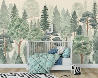 Forest Nature Mural KM223 Large Scale Boy Nursery Watercolors Woodland Scenic Wallpaper Peel and Stick Removable Repositionable