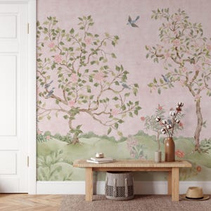 Romantic Pink Chinoiserie Wallpaper Mural: Floral Birds and Butterflies KM464