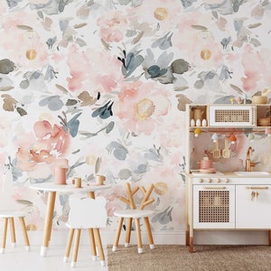 Floral Wallpaper Mural: Blush & Blue Watercolor, Peel and Stick
