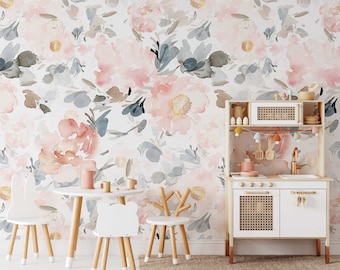 Floral Wallpaper Mural: Blush & Blue Watercolor, Peel and Stick