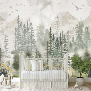 Winter Forest Mural KM162- Large Scale Boy Nursery Watercolors Woodland Scenic Wallpaper Peel and Stick Removable Repositionable