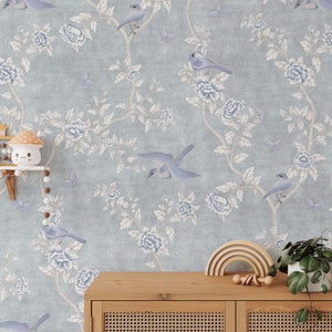 Le Tariche Chinoiserie in Light Blue Wallpaper Mural,Flowers, Birds, Butterflies Chinoiserie Wallpaper Peel and Stick Removable KM299