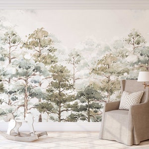 Shine Morning Forest KM212 - Large Scale Nursery Watercolors Forest Wallpaper Peel and Stick Removable Repositionable