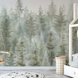 Morning Forest Mural KM160- Large Scale Boy Nursery Watercolors Woodland Scenic Wallpaper Peel and Stick Removable Repositionable