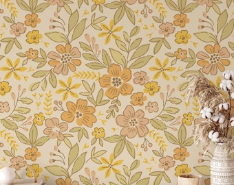 May include: Wallpaper featuring a repeating floral pattern with muted orange, yellow, and olive green flowers and leaves on a light beige background. The design includes various flower shapes, stems, and foliage in a flat, graphic illustration style.