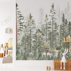 May include: Watercolor forest mural featuring tall evergreen trees and distant mountains in shades of green and gray. The artwork creates a serene, naturalistic scene, suitable for a nursery or children's room. The mural is a decorative wall covering.