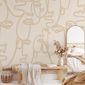 Faces Art Line Drawing in Cream Mural KM138 - Large Scale Wallpaper Abstract Peel and Stick Removable Repositionable or Traditional
