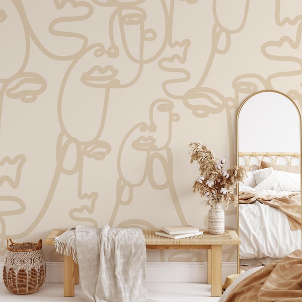 Faces Art Line Drawing in Cream Mural KM138 - Large Scale Wallpaper Abstract Peel and Stick Removable Repositionable or Traditional