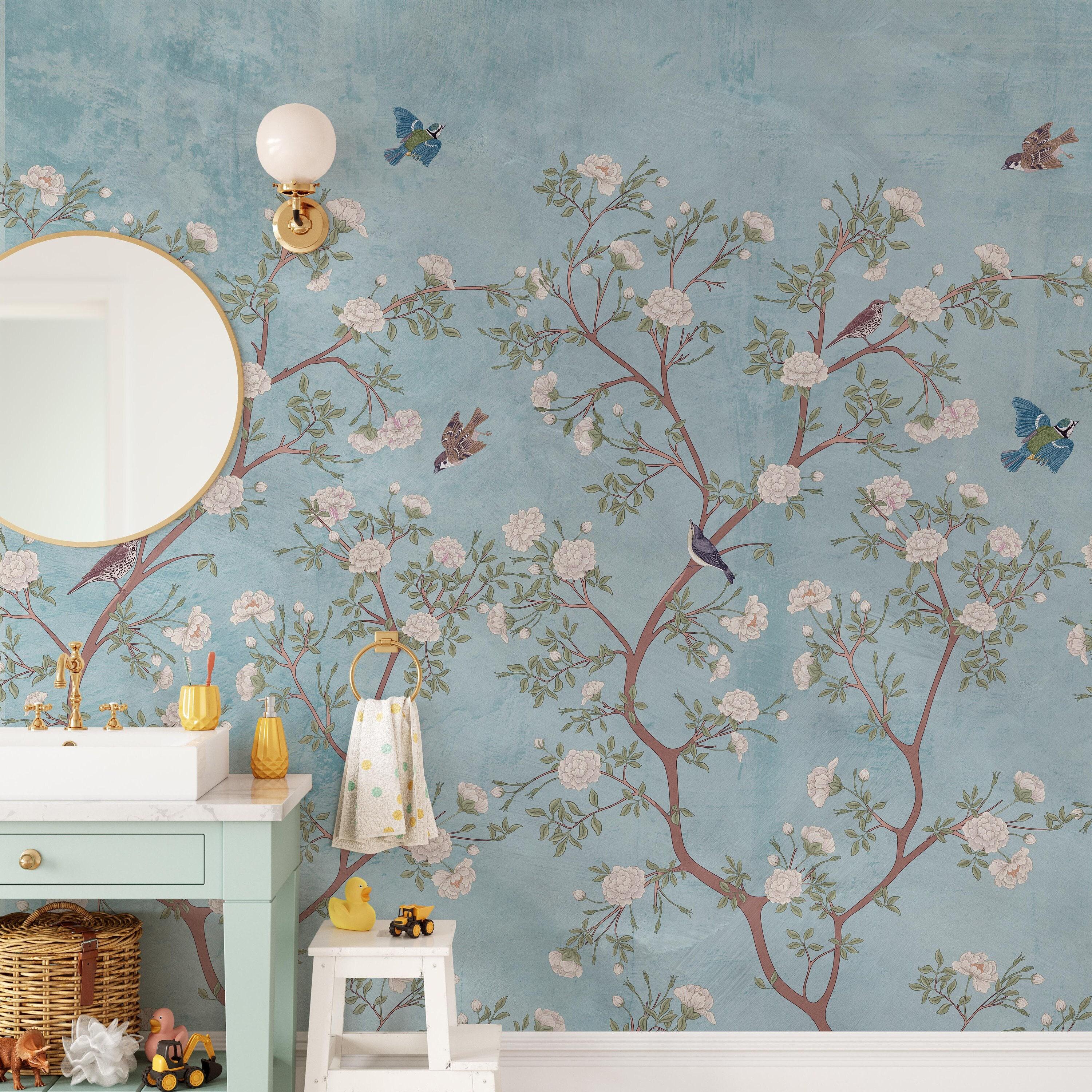 Blue Chinoiserie Floral Mural: Large Scale Nursery Wallpaper (peel and ...