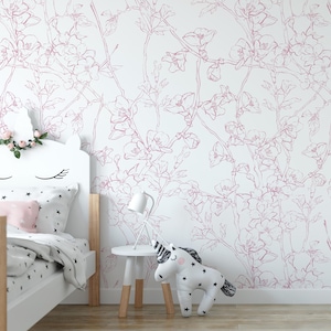 Minimalistic Cherry Blossom  Mural KM207 Japanese Sakura Flowers Blooming in Spring Peel and Stick Wallpaper Removable Wallpaper Watercolor