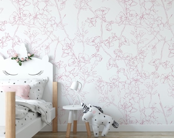 Minimalistic Cherry Blossom  Mural KM207 Japanese Sakura Flowers Blooming in Spring Peel and Stick Wallpaper Removable Wallpaper Watercolor