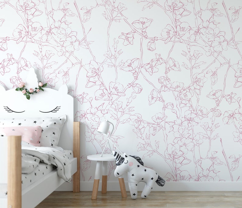 Minimalistic Cherry Blossom Mural KM207 Japanese Sakura Flowers Blooming in Spring Peel and Stick Wallpaper Removable Wallpaper Watercolor image 1
