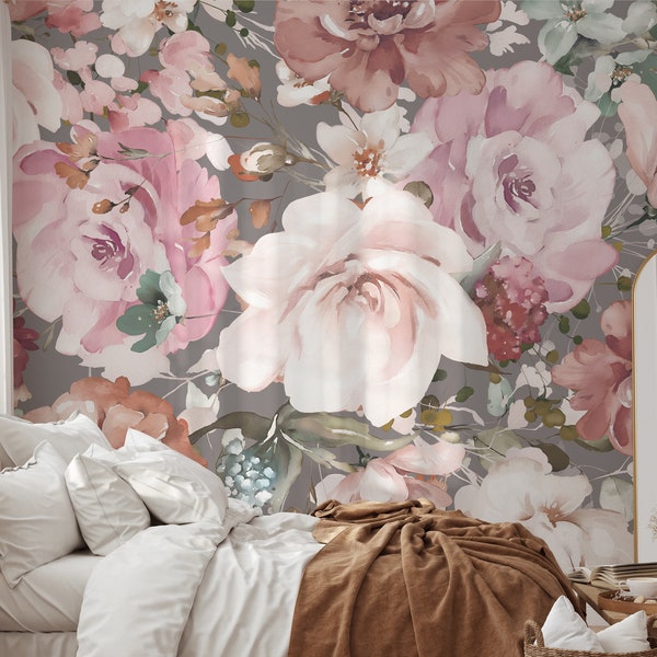 Delicate Pinky Floral in Gray Mural KM265 Self Adhesive Large Scale Wallpaper Peony Floral Traditional Pre-pasted or Peel and Stick
