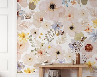 Whitney Wallpaper Mural KM281 - Watercolor Pressed Floral Wallpaper - Peel and Stick Removable or Traditional Pre-pasted